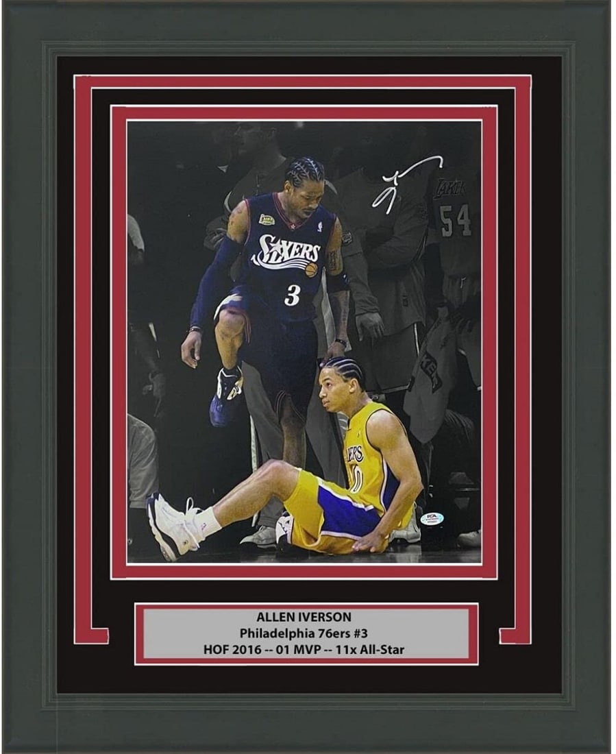 Framed Allen Iverson Signed 16x20 Step-Over Photo with PSA COA: Framed Allen Iverson Signed 16x20 Step-Over Photo with PSA COA This professionally framed and matted 16x20 photo captures the iconic moment of Allen Iverson's Spotlight Step-Over. Authenticated by the
