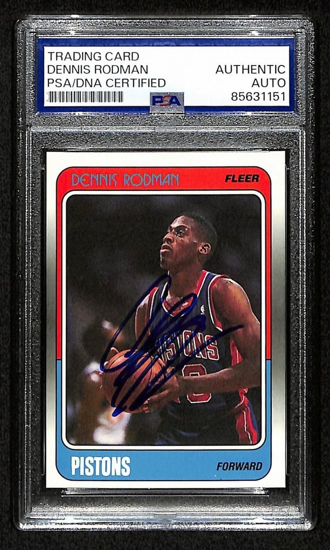 Dennis Rodman HOF Autographed 1988 Fleer Rookie Card PSA/DNA: Dennis Rodman HOF Autographed 1988 Fleer Rookie Card PSA/DNA This offering features a Dennis Rodman Hall of Fame Signed/Autographed 1988 Fleer Rookie Card #43 representing the Detroit Pistons. The car