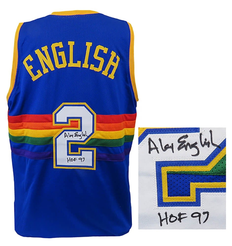 Alex English Signed Blue Throwback Jersey HOF 97 with COA: Alex English Signed Blue Throwback Jersey HOF 97 with COA This is an original blue throwback custom basketball jersey signed by NBA legend Alex English, featuring the inscription 'HOF 97'. The jersey 