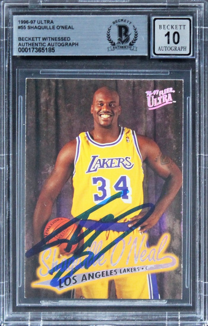 Shaquille O'Neal Signed 1996 Ultra #55 Card Gem Mint 10 Beckett Authenticated: Shaquille O'Neal Signed 1996 Ultra #55 Card Gem Mint 10 Beckett Authenticated This 1996 Ultra #55 Basketball Card features a Gem Mint 10 grade and has been personally signed by Shaquille O'Neal, the l