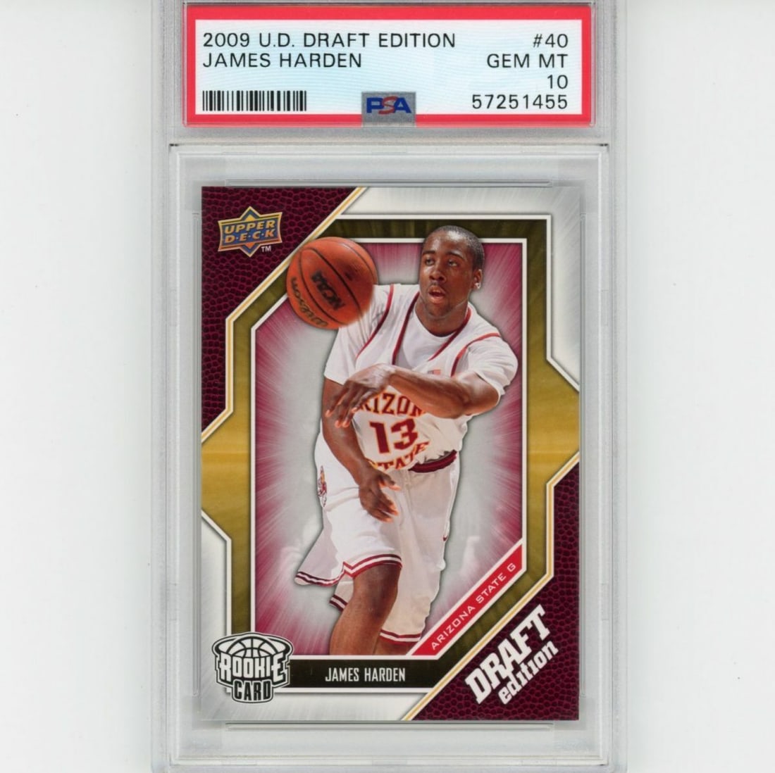 2009-10 Upper Deck James Harden Rookie Card PSA 10 Autographed: 2009-10 Upper Deck James Harden Rookie Card PSA 10 Autographed This graded 2009-10 Upper Deck UD James Harden #40 Draft Edition Rookie Card is a highly sought-after collectible. It is autographed and 