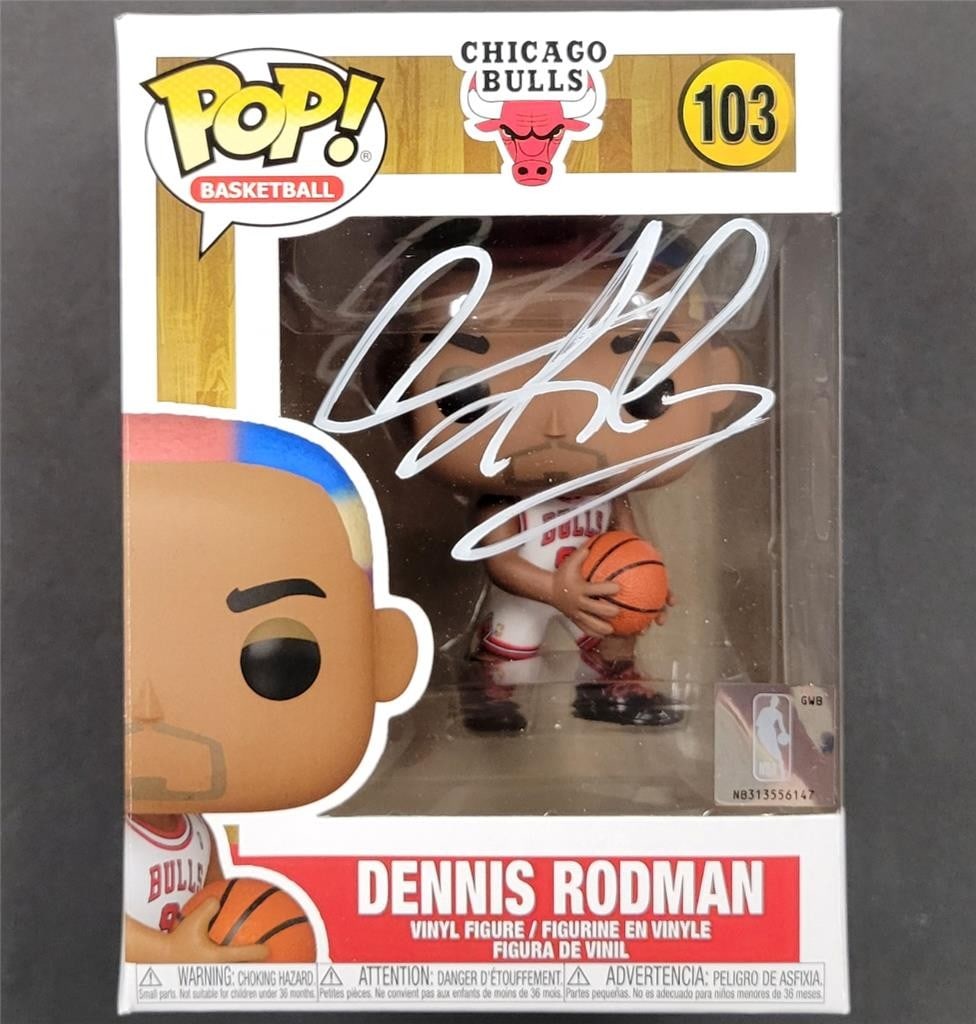 Dennis Rodman Autographed Chicago Bulls Funko Pop! Figure BAS Certified: Dennis Rodman Autographed Chicago Bulls Funko Pop! Figure BAS Certified Celebrate the legacy of basketball legend Dennis Rodman with this signed Funko Pop! figure featuring the iconic Chicago Bulls. A