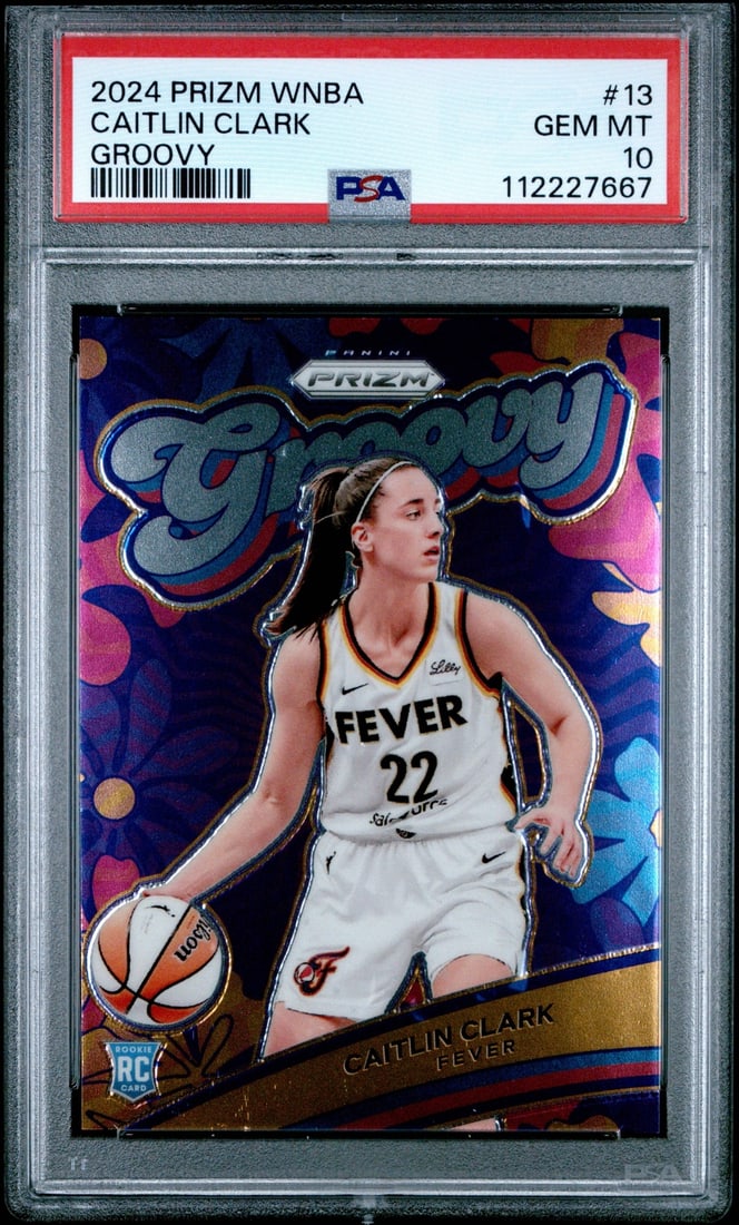 2024 Panini Prizm Caitlin Clark #13 Groovy Rookie PSA 10 Graded Card: 2024 Panini Prizm Caitlin Clark #13 Groovy Rookie PSA 10 Graded Card This is a graded 2024 Panini Prizm Caitlin Clark #13 Groovy Rookie Basketball Card, receiving a perfect PSA grade of 10. Encapsulat