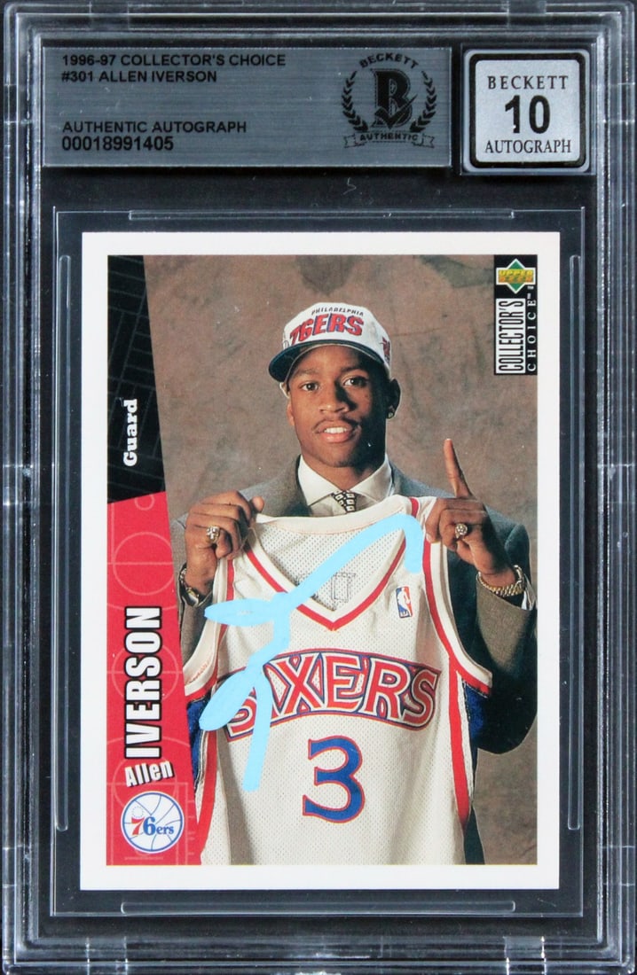 Allen Iverson Signed 1996 76ers Rookie Card Auto 10 Beckett Slab: Allen Iverson Signed 1996 76ers Rookie Card Auto 10 Beckett Slab This is a remarkable 1996 Collector's Choice #301 Rookie Card, personally signed by basketball legend Allen Iverson of the Philadelphia