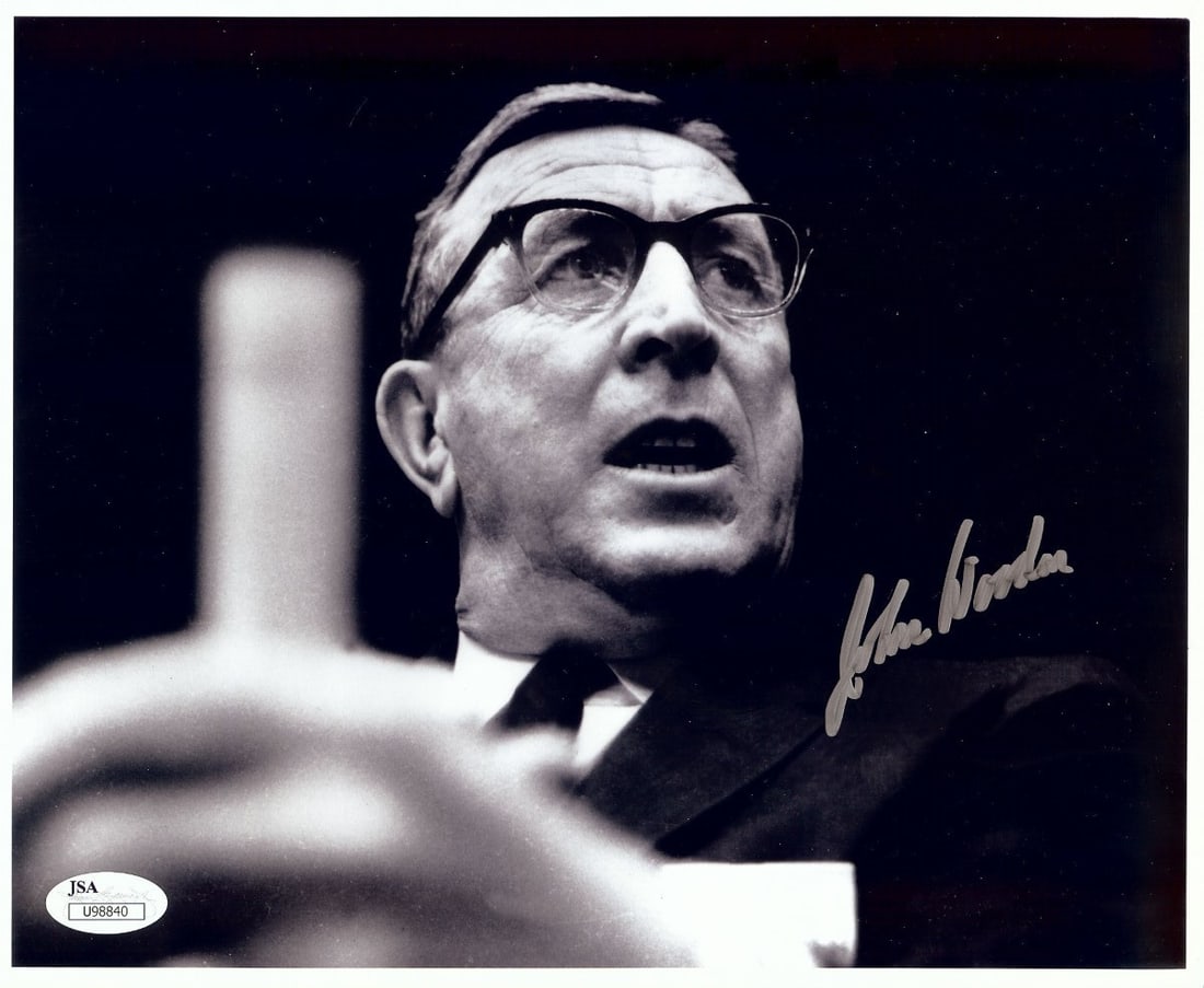 John Wooden Autographed 8X10 Photo UCLA Bruins JSA Certified: John Wooden Autographed 8X10 Photo UCLA Bruins JSA Certified This is an original 8X10 photograph of John Wooden, the legendary UCLA Bruins coach, featuring his authentic signature. The autograph has b