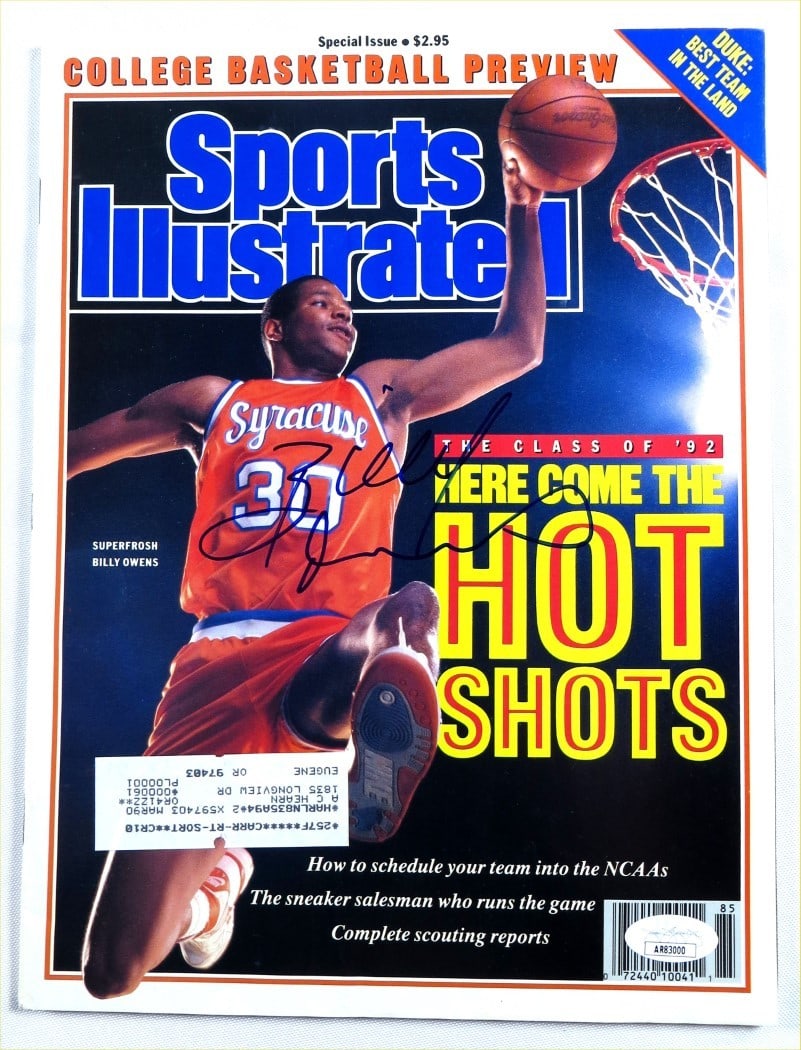 Sports Illustrated Magazine Signed by Billy Owens Syracuse JSA Authenticated: Sports Illustrated Magazine Signed by Billy Owens Syracuse JSA Authenticated This is an original Sports Illustrated magazine featuring the Syracuse Orange basketball team, autographed by Billy Owens. 
