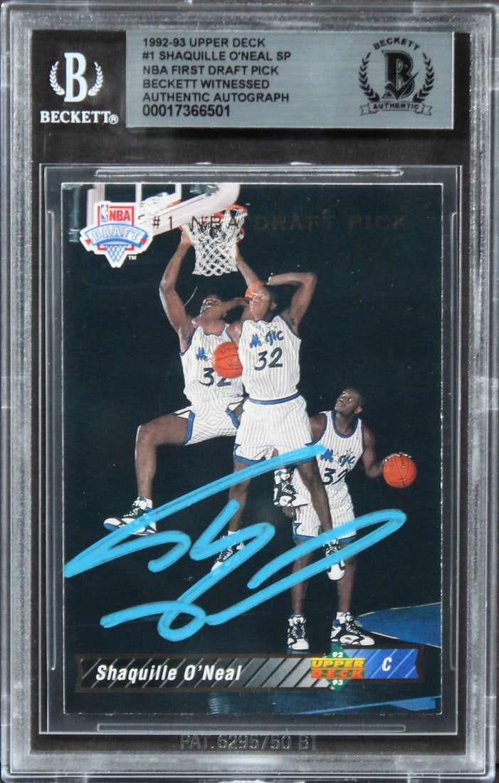 Shaquille O'Neal Signed 1992 Upper Deck #1 Card Beckett Authenticated: Shaquille O'Neal Signed 1992 Upper Deck #1 Card Beckett Authenticated This authentic 1992 Upper Deck #1 card is a must-have for any basketball fan. Personally signed by Shaquille O'Neal of the Orlando