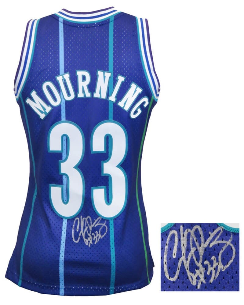 Alonzo Mourning Signed 1994 Charlotte Hornets Swingman Jersey with COA: Alonzo Mourning Signed 1994 Charlotte Hornets Swingman Jersey with COA This is an original, pre-owned Alonzo Mourning signed throwback jersey from the Charlotte Hornets, featuring the iconic 1994 purp