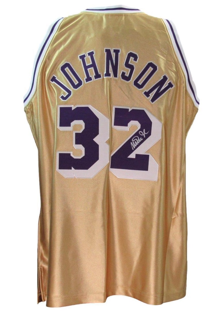 Magic Johnson signed Lakers Gold Mitchell Ness XL jersey Beckett HOF: Magic Johnson signed Lakers Gold Mitchell Ness XL jersey Beckett HOF This is a pre-owned Mitchell & Ness gold 1984-85 Swingman basketball jersey, autographed by Magic Johnson, Hall of Famer from the L