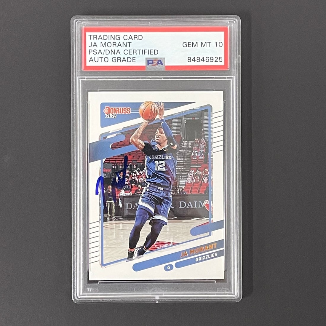 Ja Morant 2021-2022 Panini Donruss #76 Autographed PSA Gem Mint 10: Ja Morant 2021-2022 Panini Donruss #76 Autographed PSA Gem Mint 10 This is a 2021-2022 Panini Donruss #76 autographed trading card featuring NBA star Ja Morant. The card has been signed by Morant and 