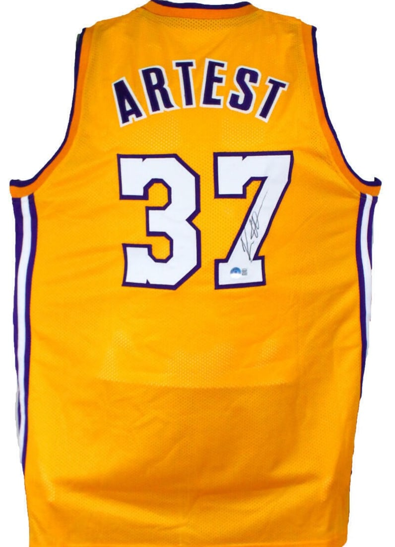Ron Artest signed Los Angeles Lakers yellow Beckett hologram jersey: Ron Artest signed Los Angeles Lakers yellow Beckett hologram jersey This pre-owned yellow Los Angeles Lakers jersey features the autograph of Ron Artest and comes authenticated with a Beckett hologram