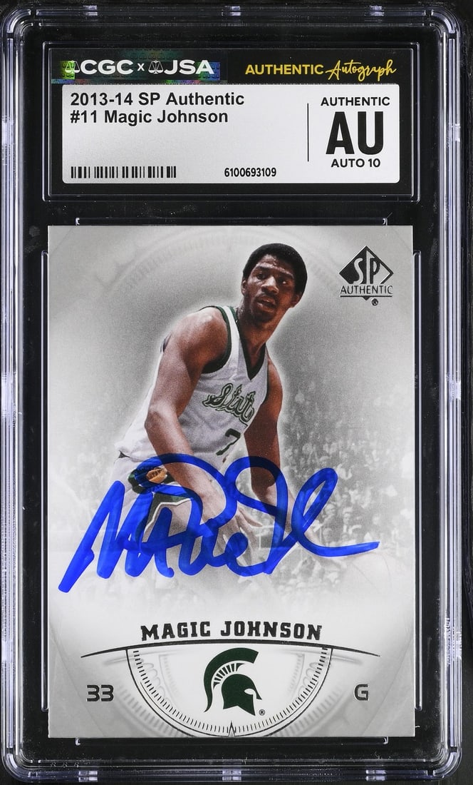 2013-14 SP Basketball Card Magic Johnson Autograph CGC JSA 10 #11: 2013-14 SP Basketball Card Magic Johnson Autograph CGC JSA 10 #11 This is an original Magic Johnson 2013-14 SP basketball card, card number 11, featuring Magic Johnson's signature. The card has been a