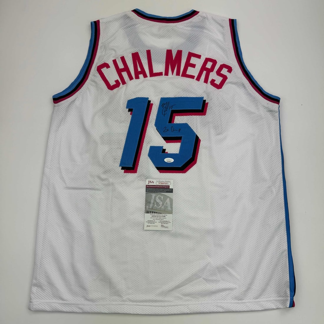 Autographed Mario Chalmers Miami Heat Basketball Jersey JSA COA: Autographed Mario Chalmers Miami Heat Basketball Jersey JSA COA This autographed Mario Chalmers Miami Vice white basketball jersey is a must-have for any NBA fan and collector. Featuring the name and 