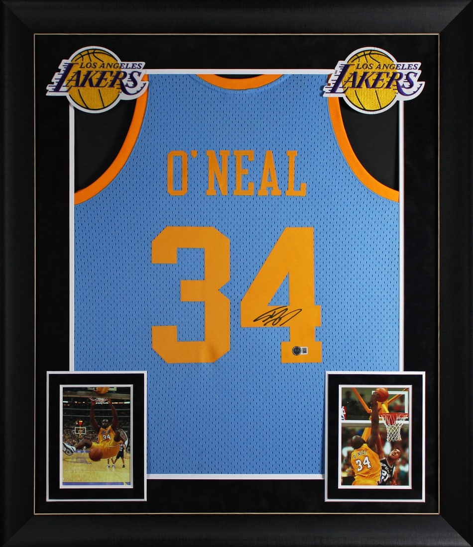 Shaquille O'Neal Signed Blue 2001-02 Lakers Framed Jersey BAS Witnessed: Shaquille O'Neal Signed Blue 2001-02 Lakers Framed Jersey BAS Witnessed Celebrate the legacy of Shaquille O'Neal with this stunning autographed blue 2001-02 Throwback Mitchell & Ness Hardwood Classics