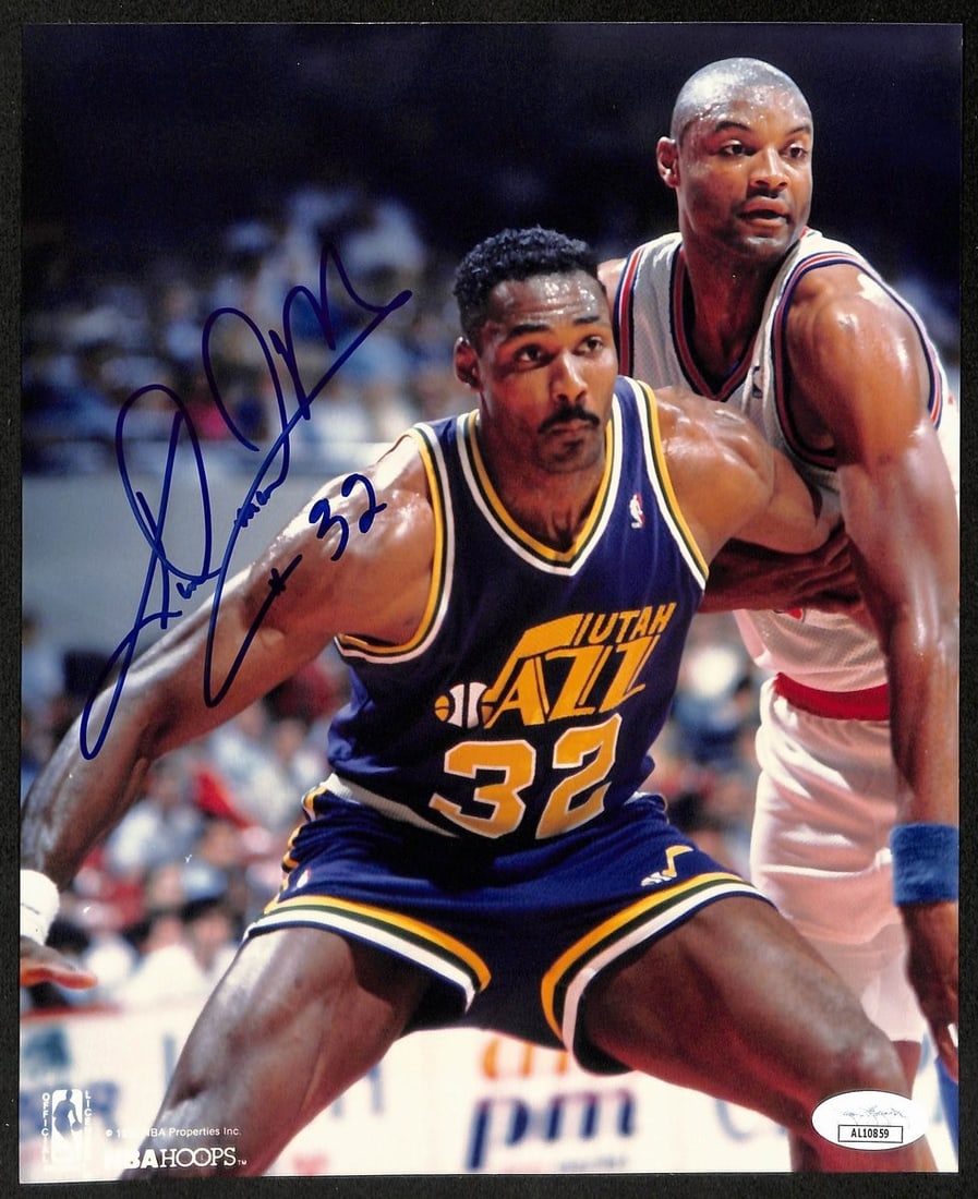 JSA Authenticated Karl Malone Utah Jazz HOF 8x10 Signed Photo: JSA Authenticated Karl Malone Utah Jazz HOF 8x10 Signed Photo This is an original 8x10 photograph featuring Karl Malone of the Utah Jazz, signed and autographed by Malone. The photo is authenticated b