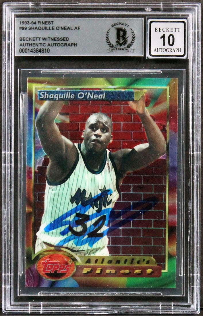 Shaquille O'Neal Signed 1993 Finest #99 Gem Mint 10 Beckett Certified: Shaquille O'Neal Signed 1993 Finest #99 Gem Mint 10 Beckett Certified This 1993 Finest #99 AF basketball card features a stunning autograph from Shaquille O'Neal, a legendary player of the Orlando Mag
