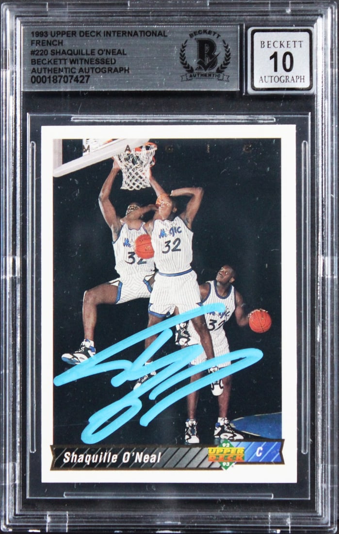 Shaquille O'Neal BAS Graded Auto 10 1993 Upper Deck International Rookie Card: Shaquille O'Neal BAS Graded Auto 10 1993 Upper Deck International Rookie Card This is a 1993 Upper Deck International #220 Rookie Card featuring Shaquille O'Neal of the Orlando Magic. The card is pers