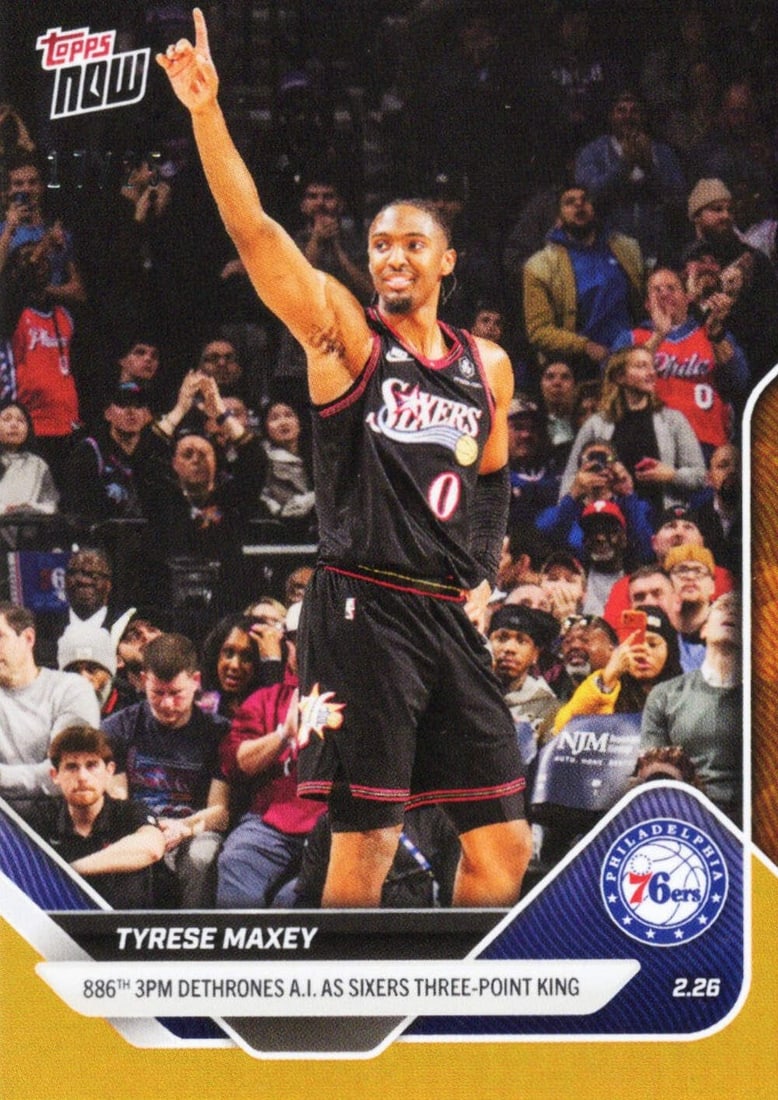 Tyrese Maxey 2025 Topps Now Orange #185 76ers Basketball Card /25: Tyrese Maxey 2025 Topps Now Orange #185 76ers Basketball Card /25 This is an original 2025 Topps Now Tyrese Maxey #185 Orange /25 basketball card, featuring Tyrese Maxey of the Philadelphia 76ers. The