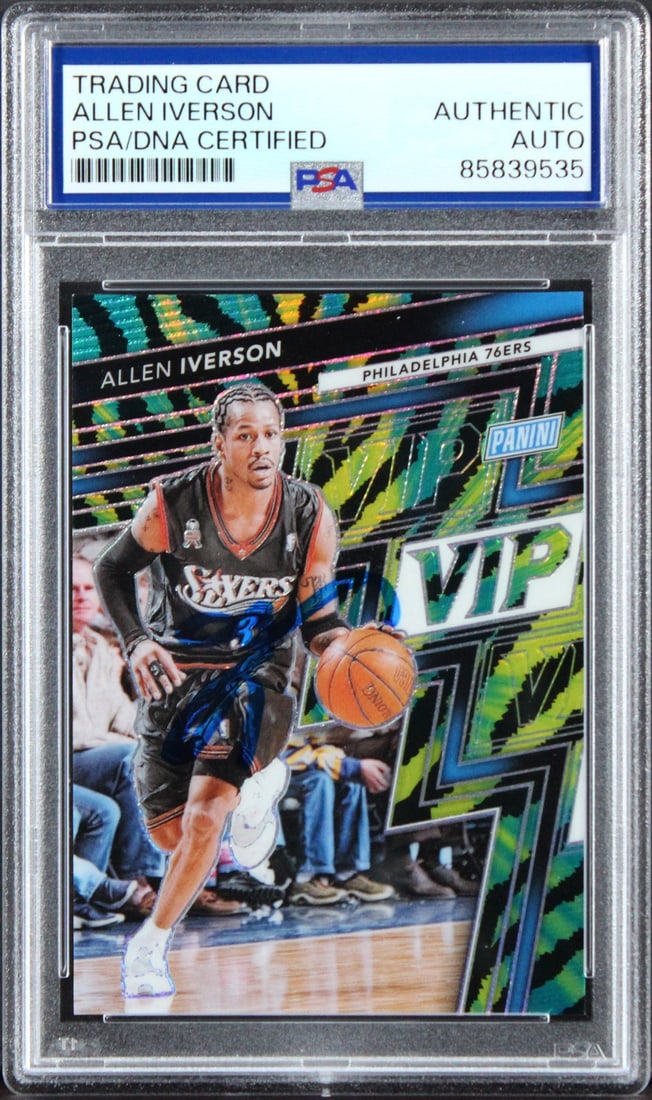 Allen Iverson autographed 2025 Panini Baja Tiger Prizm #18 PSA DNA slabbed: Allen Iverson autographed 2025 Panini Baja Tiger Prizm #18 PSA DNA slabbed This 2025 Panini National VIP Baja Tiger Prizm #18 card features a personal autograph from Allen Iverson of the Philadelphia 