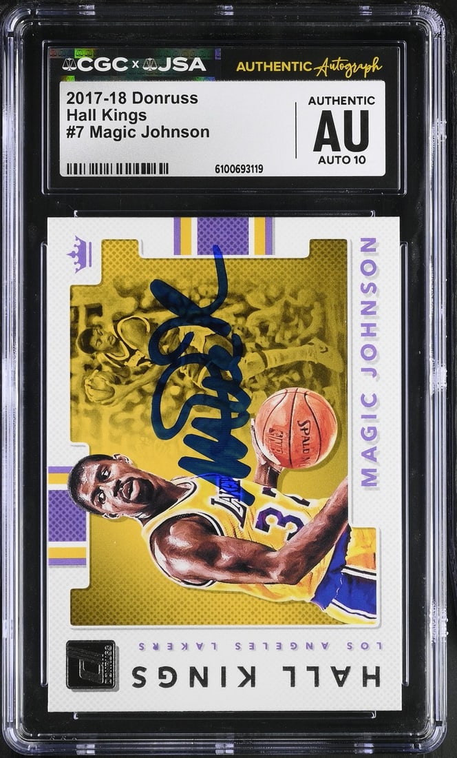 2017-18 Donruss Magic Johnson Autographed Basketball Card CGC JSA 10: 2017-18 Donruss Magic Johnson Autographed Basketball Card CGC JSA 10 This is an original Magic Johnson 2017-18 Donruss basketball card, number 7, featuring an authenticated autograph. The card origina