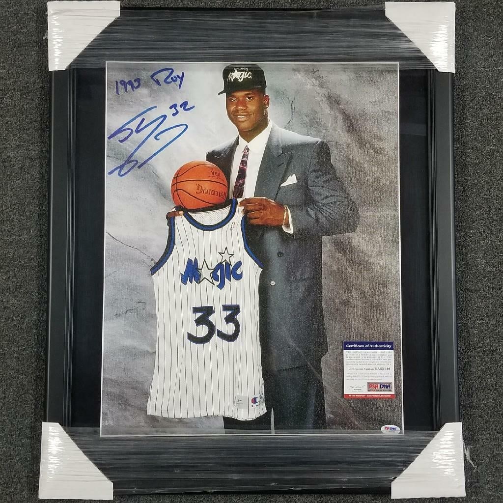 Shaquille O'Neal Signed 16x20 Canvas Rookie Photo PSA/DNA: Shaquille O'Neal Signed 16x20 Canvas Rookie Photo PSA/DNA This is an original 16x20 canvas photo of basketball legend Shaquille O'Neal, featuring his authentic signature. The photo captures Shaq durin