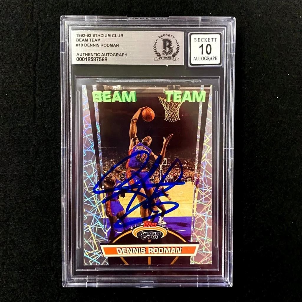 Dennis Rodman 1992-93 Stadium Club Beam Team Rookie Card BAS BGS 10 Auto: Dennis Rodman 1992-93 Stadium Club Beam Team Rookie Card BAS BGS 10 Auto This is an original 1992-93 Stadium Club Beam Team #19 basketball trading card featuring Dennis Rodman. The card is hard signed