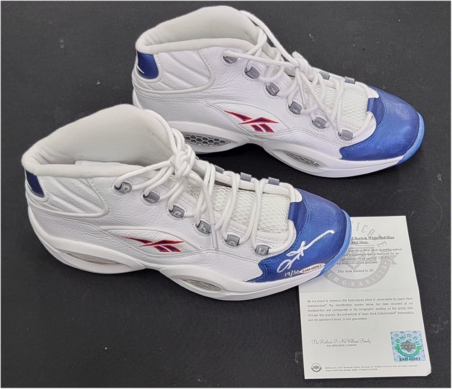 Allen Iverson Autographed Reebok Question Shoes Limited Edition 19/30: Allen Iverson Autographed Reebok Question Shoes Limited Edition 19/30 Elevate your collection with this authentic Allen Iverson autographed Reebok Question shoe, featuring a vibrant red, white, and bl