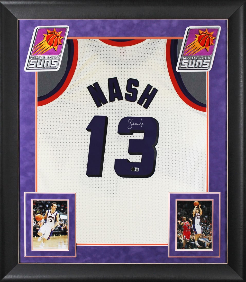 Steve Nash Signed 1996-97 Phoenix Suns Cream Jersey Framed BAS Authenticated: Steve Nash Signed 1996-97 Phoenix Suns Cream Jersey Framed BAS Authenticated Celebrate the legacy of basketball legend Steve Nash with this stunning autographed cream Mitchell & Ness 1996-97 Hardwood 