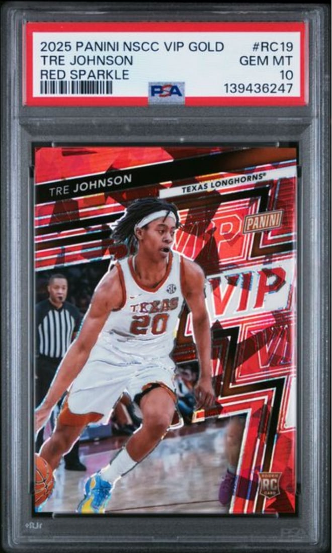 Tre Johnson PSA 10 Red Sparkle RC 2024 Panini NSCC VIP Gold Wizards: Tre Johnson PSA 10 Red Sparkle RC 2024 Panini NSCC VIP Gold Wizards This is an original 2024 Panini NSCC VIP Gold Tre Johnson #RC19 Red Sparkle rookie card, serial numbered out of 99. The card feature
