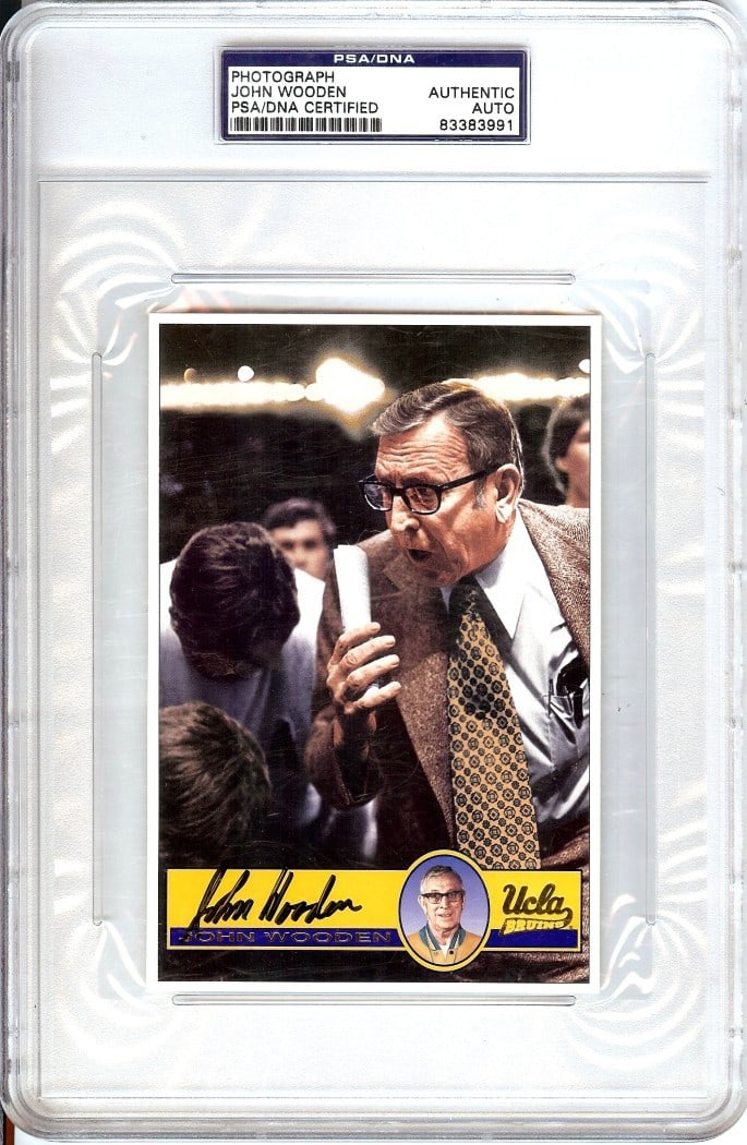 PSA Authenticated John Wooden Signed 4X6 UCLA Bruins Basketball Photo: PSA Authenticated John Wooden Signed 4X6 UCLA Bruins Basketball Photo This is a 4x6 photo autographed by John Wooden, the legendary UCLA Bruins basketball coach. The signature has been authenticated b