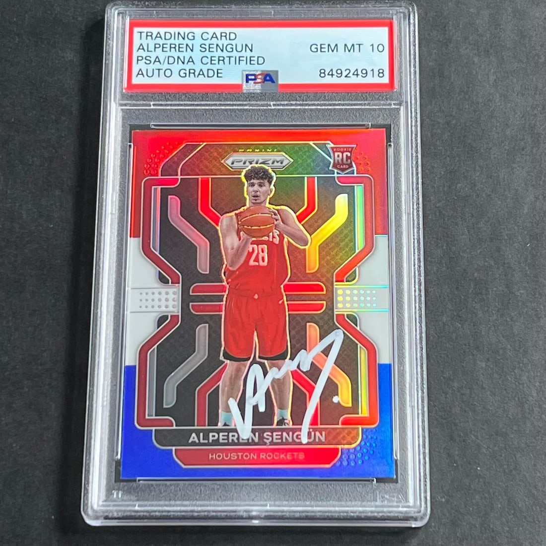 2021-22 Panini Prizm Red White Blue #318 Alperen Sengun Auto PSA Grade 10: 2021-22 Panini Prizm Red White Blue #318 Alperen Sengun Auto PSA Grade 10 Presenting the 2021-22 Panini Prizm Red White Blue #318 Alperen Sengun autographed trading card, featuring the Houston Rockets