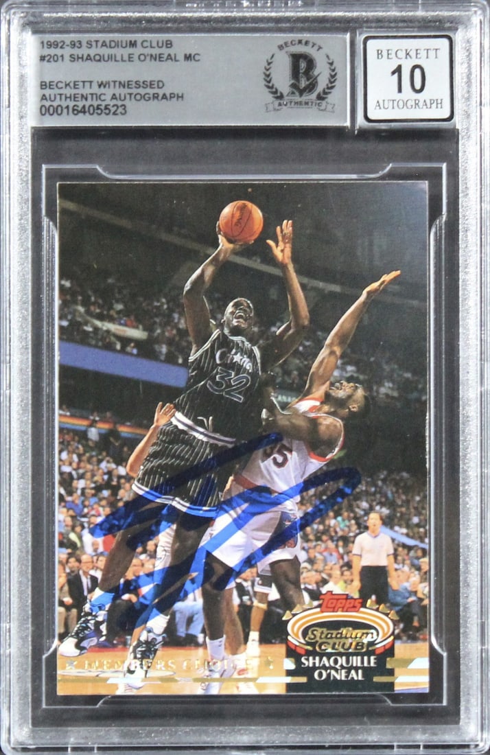 Shaquille O'Neal Signed 1992 Stadium Club RC Card Gem Mint 10 Beckett Authenticated: Shaquille O'Neal Signed 1992 Stadium Club RC Card Gem Mint 10 Beckett Authenticated This is a remarkable 1992 Stadium Club #201 Rookie Card featuring a Gem Mint 10 grade, personally signed by NBA lege