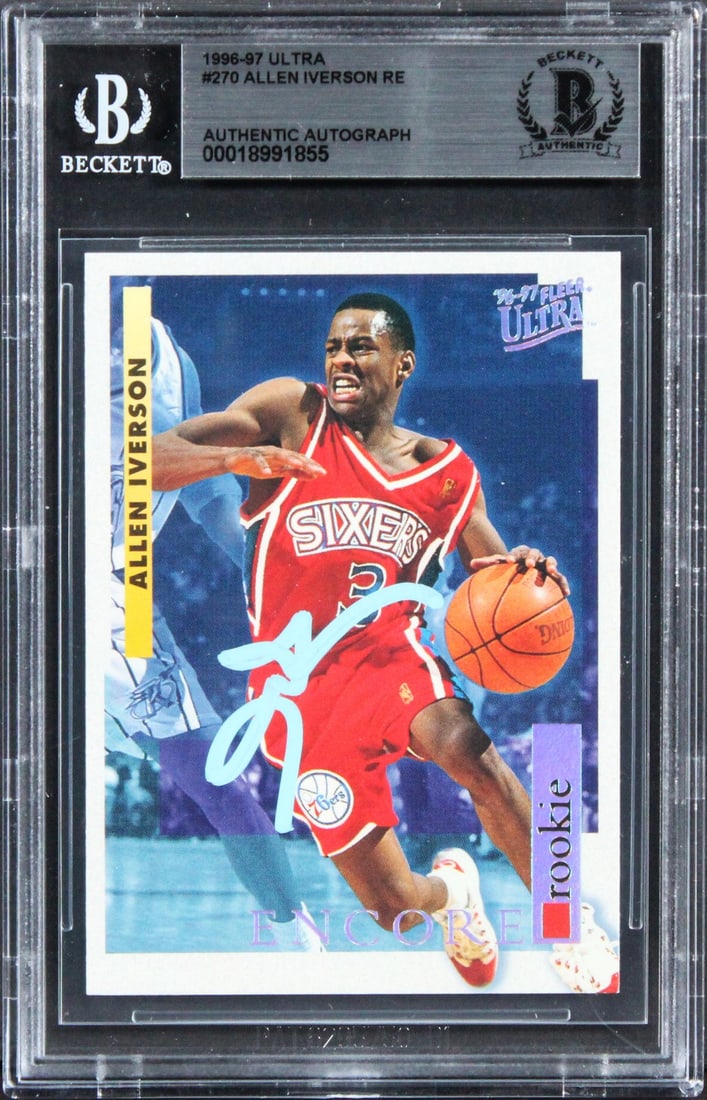 Allen Iverson Signed 1996 Ultra Rookie Card BAS Authenticated 76ers: Allen Iverson Signed 1996 Ultra Rookie Card BAS Authenticated 76ers This authentic Allen Iverson 1996 Ultra #270 Rookie Card is a must-have for any basketball fan. Personally signed by the legendary p