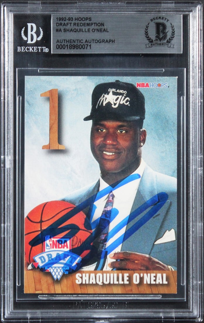 Beckett Authenticated Shaquille O'Neal Autographed 1992 Hoops Rookie Card Slab: Beckett Authenticated Shaquille O'Neal Autographed 1992 Hoops Rookie Card Slab This is an original 1992 Hoops Draft Redemption #A rookie card personally signed by Shaquille O'Neal of the Orlando Magic