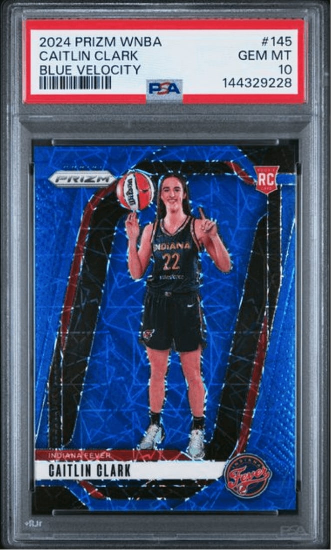 PSA 10 Caitlin Clark Blue Velocity 2024 Prizm RC Card #145: PSA 10 Caitlin Clark Blue Velocity 2024 Prizm RC Card #145 This is a 2024 Panini Prizm WNBA Blue Velocity parallel trading card featuring Caitlin Clark of the Indiana Fever. The card is number 145 in 