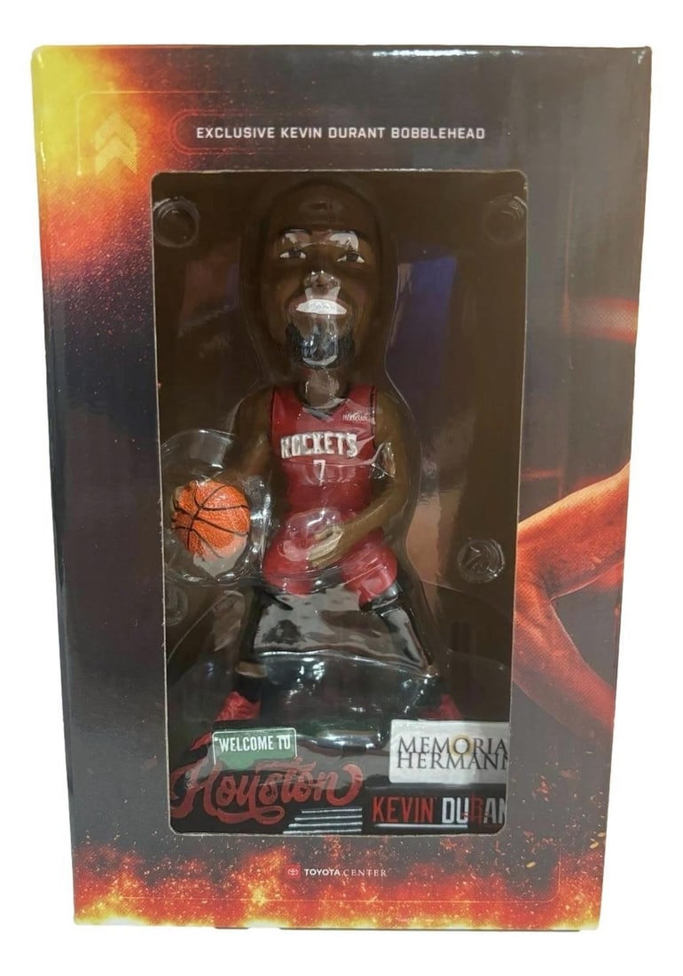 Houston Rockets Kevin Durant 2025 SGA Bobblehead New in Box: Houston Rockets Kevin Durant 2025 SGA Bobblehead New in Box This is a pre-owned, officially licensed Houston Rockets bobblehead featuring Kevin Durant. The collectible represents a special game giveaw