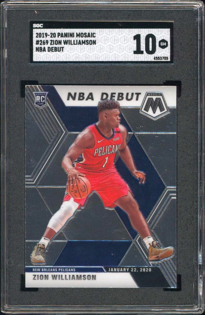 2019 Panini Mosaic Zion Williamson NBA Debut Rookie Card SGC Gem Mint 10: 2019 Panini Mosaic Zion Williamson NBA Debut Rookie Card SGC Gem Mint 10 This is a Zion Williamson 2019 Panini Mosaic #269 NBA Debut Rookie Card featuring the New Orleans Pelicans. The card has been g