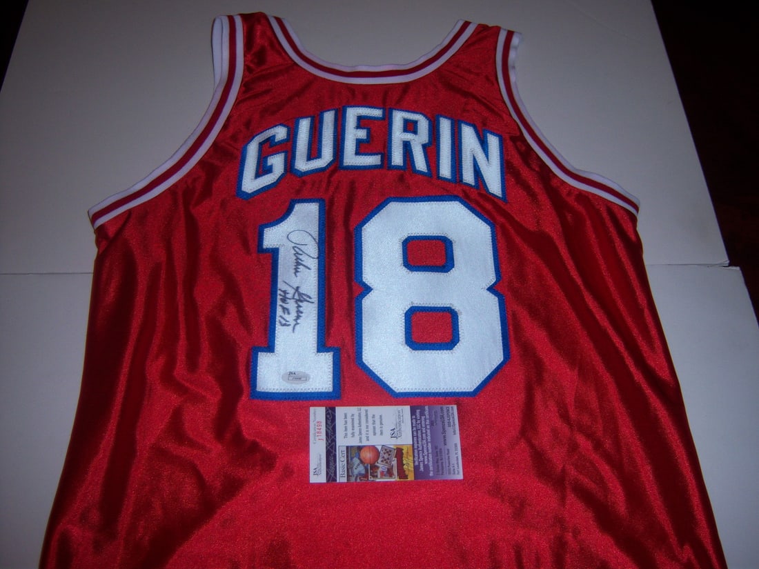 Signed Jersey by Richie Guerin St. Louis Hawks Knicks JSA Authenticated HOF 2013: Signed Jersey by Richie Guerin St. Louis Hawks Knicks JSA Authenticated HOF 2013 This is a pre-owned basketball jersey signed by Richie Guerin, commemorating his career with the St. Louis Hawks and Ne
