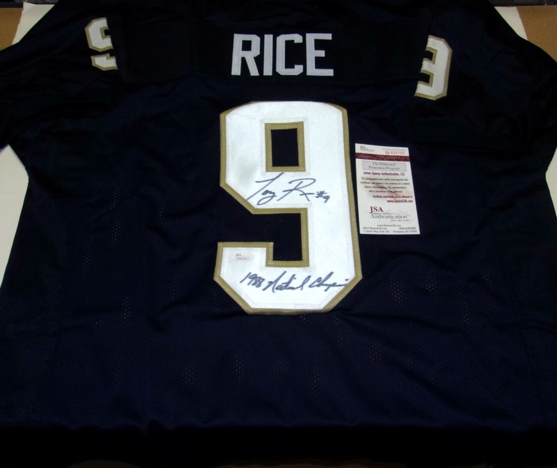 Tony Rice Notre Dame Fighting Irish Signed Jersey JSA COA 88 Champs: Tony Rice Notre Dame Fighting Irish Signed Jersey JSA COA 88 Champs Celebrate the legacy of the Notre Dame Fighting Irish with this original signed jersey by Tony Rice, commemorating the 1988 National