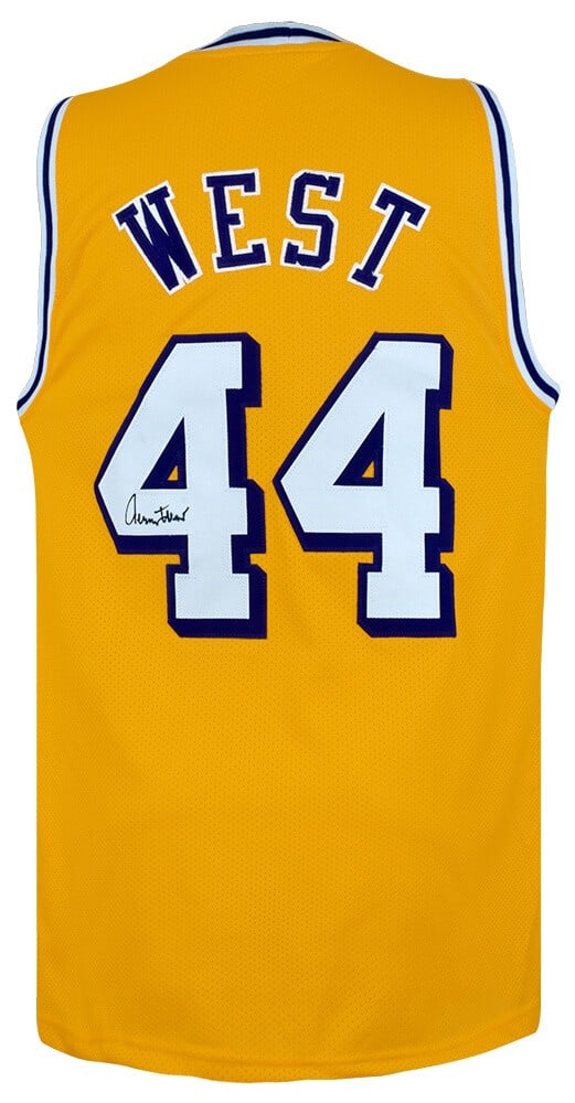 Jerry West Signed Gold Lakers Jersey with COA: Jerry West Signed Gold Lakers Jersey with COA Celebrate the legacy of basketball legend Jerry West with this signed gold custom basketball jersey. This original jersey showcases West's remarkable care