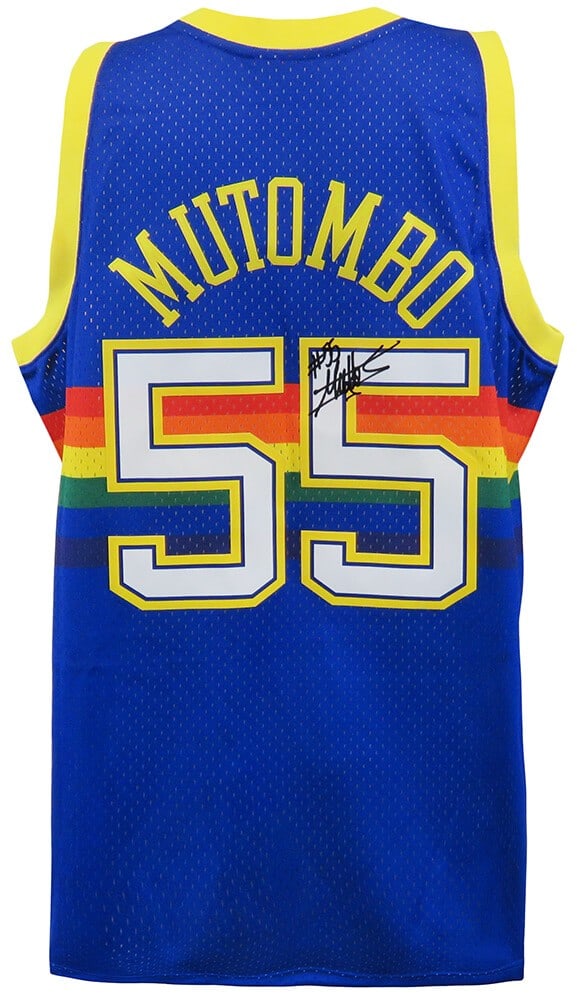 Dikembe Mutombo Signed Denver Nuggets 1991 Blue Swingman Jersey - SS COA: Dikembe Mutombo Signed Denver Nuggets 1991 Blue Swingman Jersey - SS COA Celebrate the legacy of NBA superstar Dikembe Mutombo with this signed Denver Nuggets 1991 throwback blue Mitchell & Ness NBA s
