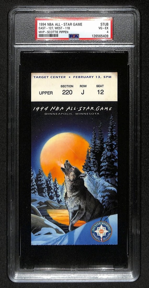 1994 NBA All-Star Game Ticket Stub Scottie Pippen MVP PSA VG-EX 4: 1994 NBA All-Star Game Ticket Stub Scottie Pippen MVP PSA VG-EX 4 This listing features an original ticket stub from the February 13, 1994 NBA All-Star Game, where Scottie Pippen was named MVP. This c