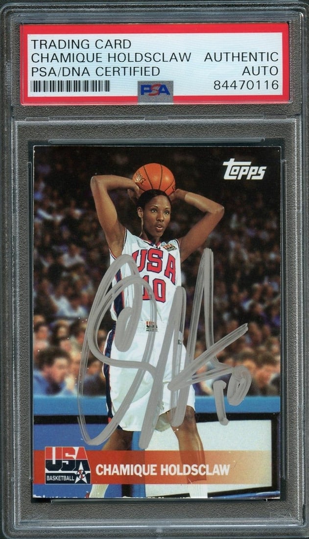 2000 Topps Team USA #39 Chamique Holdsclaw Signed Card PSA/DNA Authentic: 2000 Topps Team USA #39 Chamique Holdsclaw Signed Card PSA/DNA Authentic This listing features a 2000 Topps Team USA #39 basketball card signed by Chamique Holdsclaw. The card's autograph has been aut