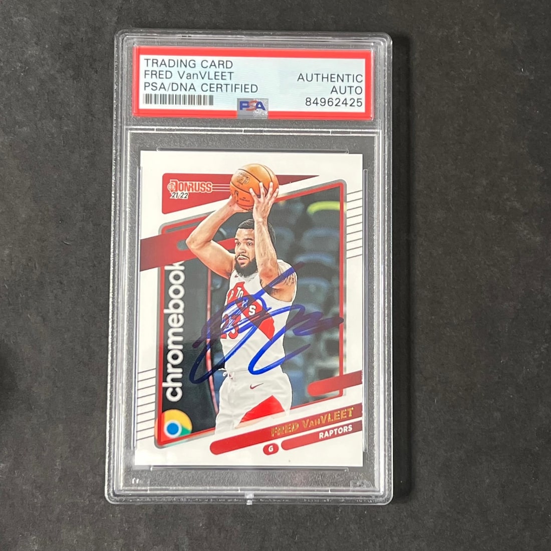 Fred VanVleet Autographed Panini Donruss 38 PSA Encapsulated Raptors Card: Fred VanVleet Autographed Panini Donruss 38 PSA Encapsulated Raptors Card This is a 2021-22 Panini Donruss #38 trading card signed by Fred VanVleet, who played for the Toronto Raptors. The card has be