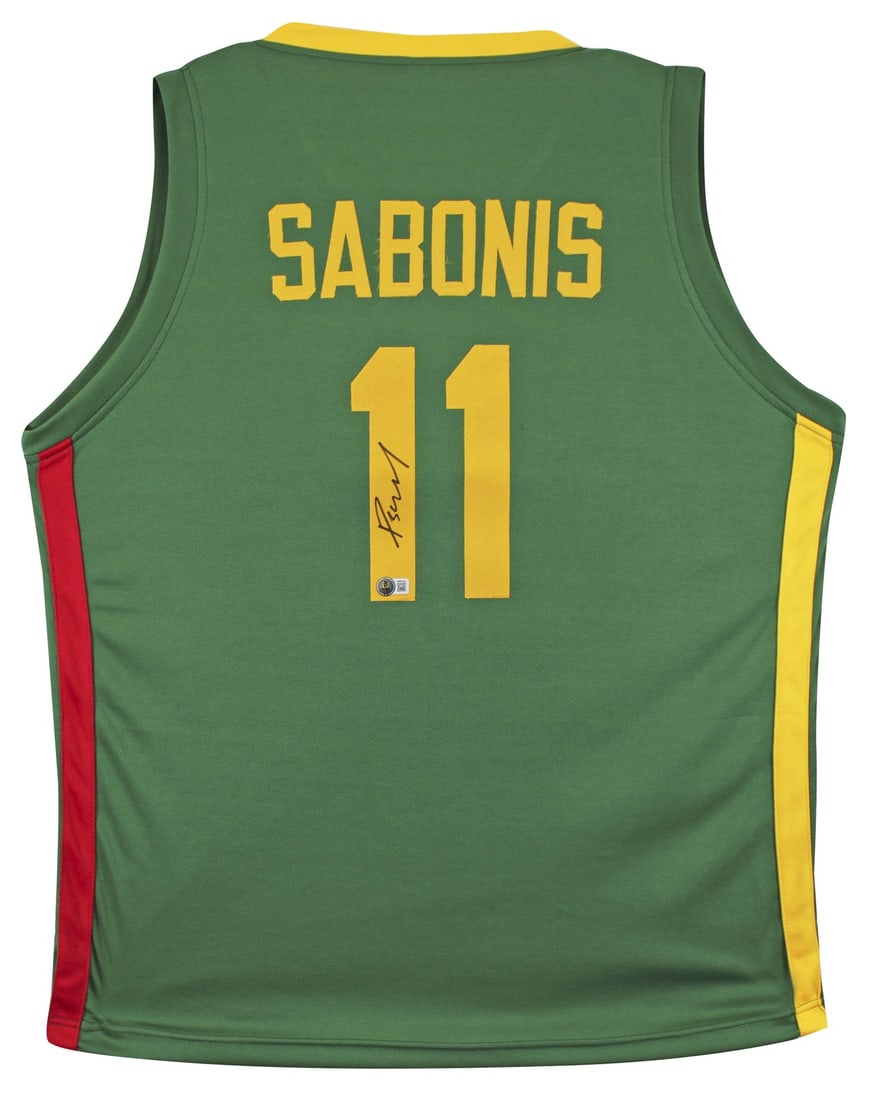 Domantas Sabonis BAS Witnessed Green Pro Style Jersey X-Large: Domantas Sabonis BAS Witnessed Green Pro Style Jersey X-Large This green pro style jersey has been personally signed by Domantas Sabonis. The autograph is authenticated by Beckett Authentication Servi