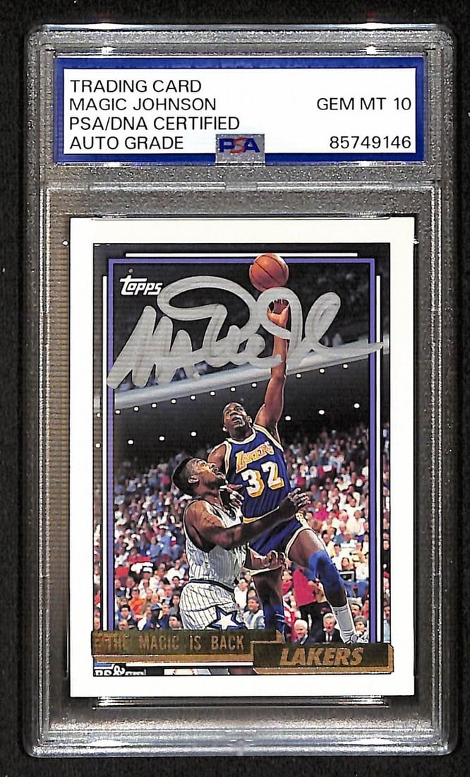 PSA DNA 10 Magic Johnson Topps 54 autographed basketball card: PSA DNA 10 Magic Johnson Topps 54 autographed basketball card This is an original 1992-93 Topps basketball card featuring Magic Johnson. The card is signed by Magic Johnson and has been authenticated 