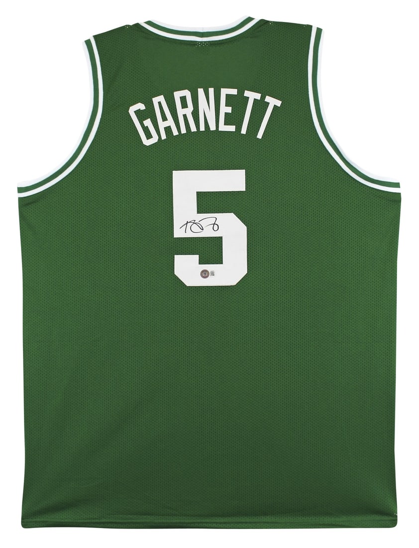 Kevin Garnett signed Boston Celtics green pro style jersey Beckett witnessed: Kevin Garnett signed Boston Celtics green pro style jersey Beckett witnessed This green pro style jersey has been personally autographed by Kevin Garnett of the Boston Celtics. The signature was witne