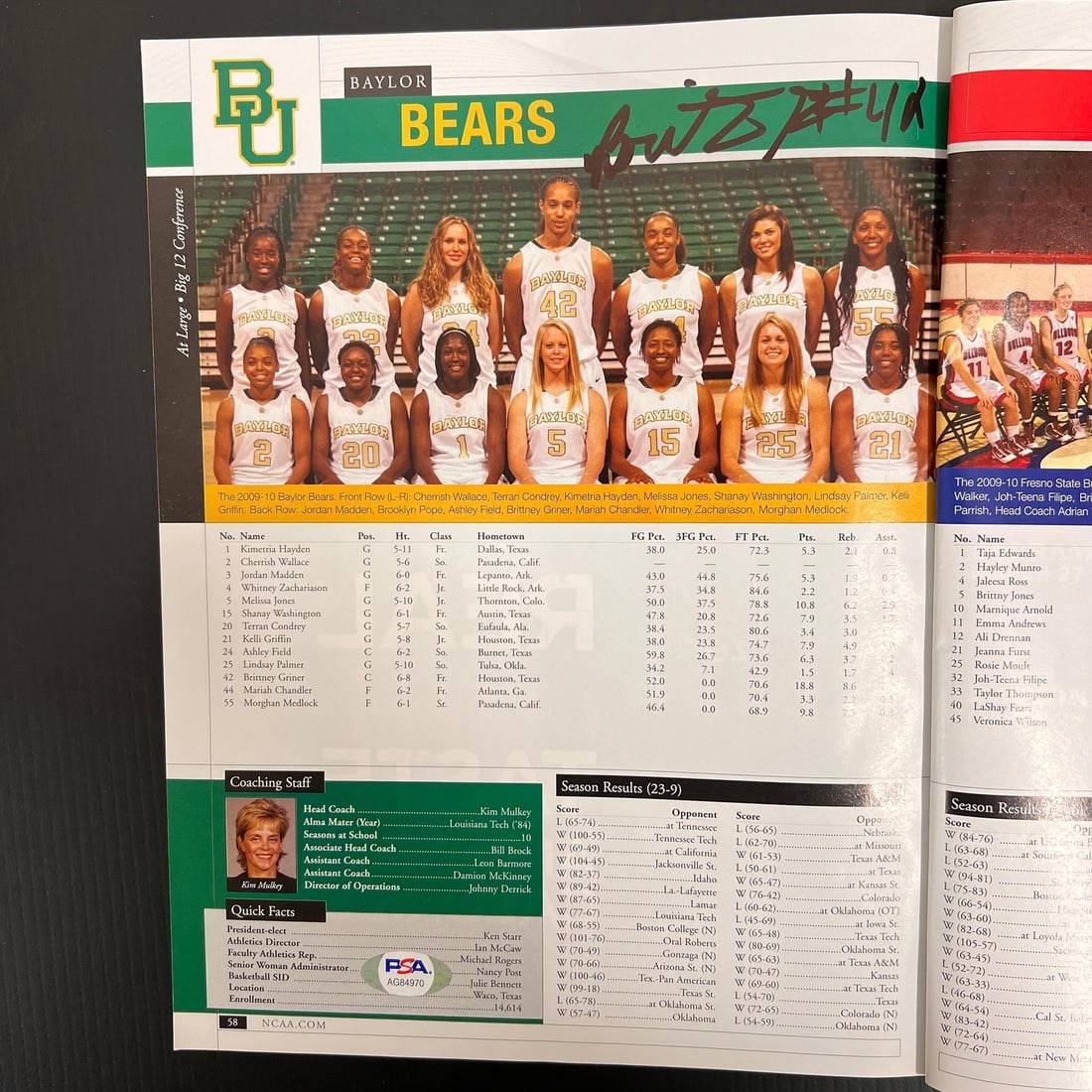 Brittney Griner Autographed NCAA Magazine PSA/DNA Baylor Basketball: Brittney Griner Autographed NCAA Magazine PSA/DNA Baylor Basketball This original 2010 NCAA Women's Tournament Magazine features the autograph of Brittney Griner, a standout player from Baylor Univers