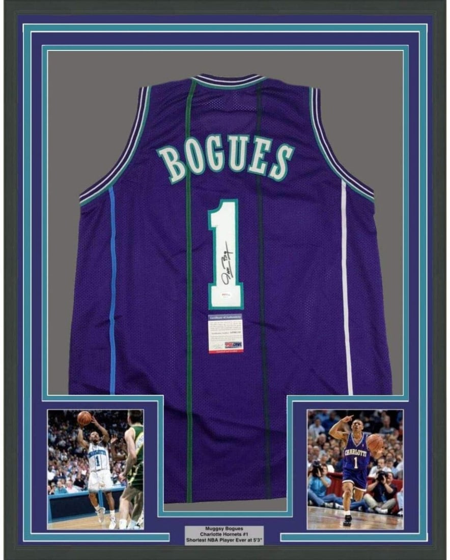 Framed Autographed Muggsy Bogues Charlotte Hornets Jersey PSA COA 33x42 (1 of 2)
