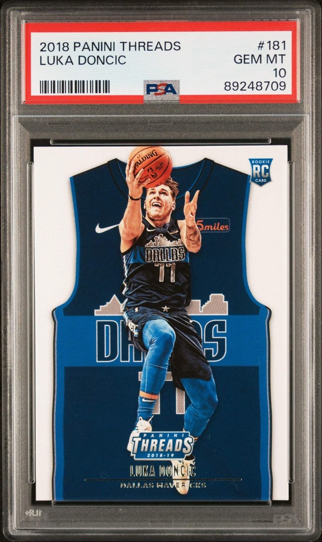 PSA 10 Luka Doncic 2018-19 Threads Rookie Card #181: PSA 10 Luka Doncic 2018-19 Threads Rookie Card #181 This is a 2018-19 Panini Threads Luka Doncic #181 Rookie basketball card, professionally graded PSA 10. The card is an original issue, not a reprint